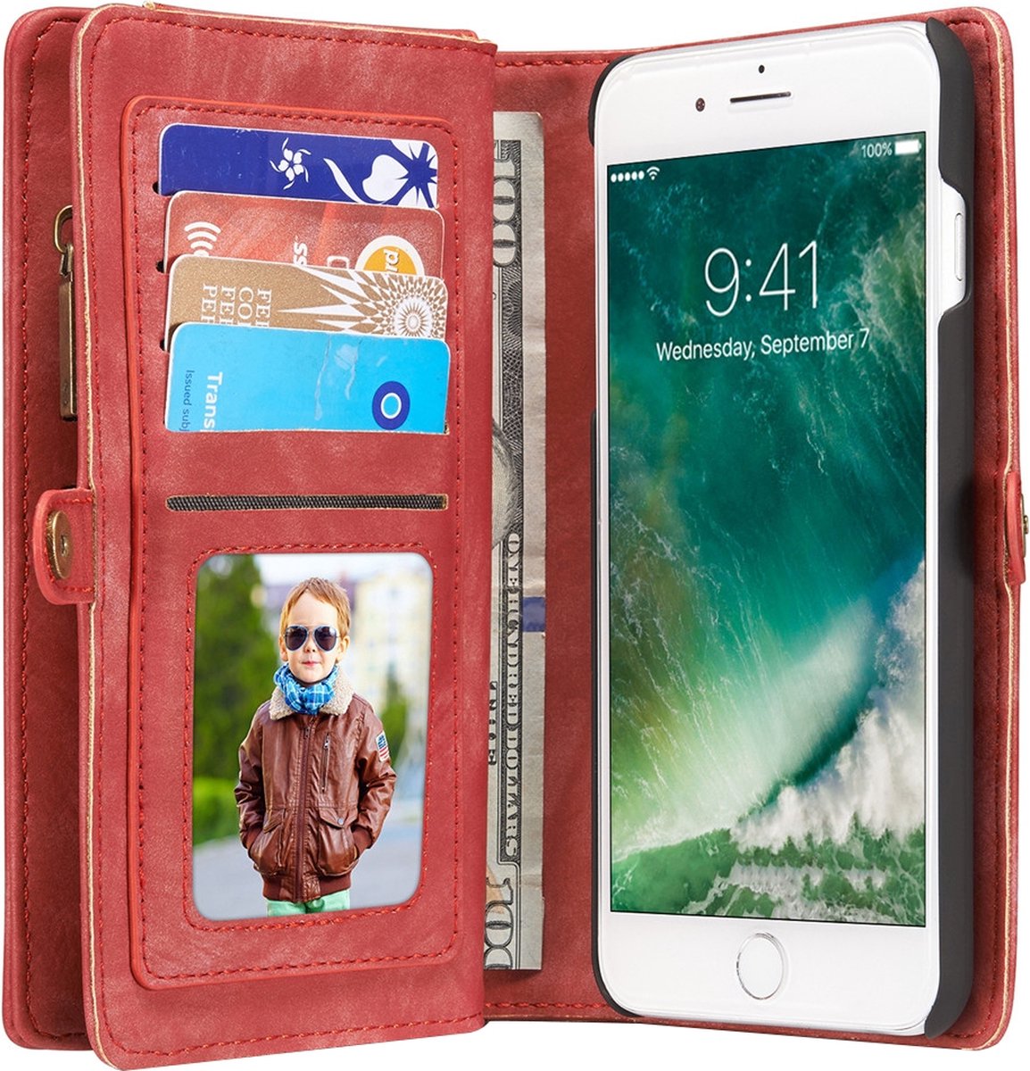 Caseme Telefoonhoesje geschikt voor Apple iPhone 7 Plus Hoesje | Caseme 008 Uitneembare 2in1 Bookcase Portemonnee | Pasjeshouder voor 8 Pasjes | Telefoonhoesje voor Pinpas / OV Kaart / Rijbewijs - Rood