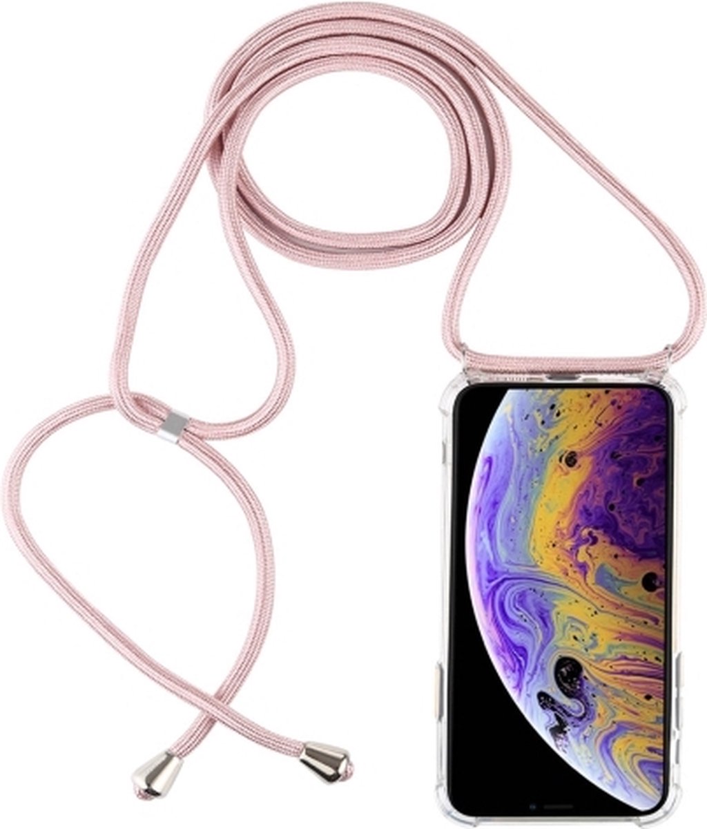 Mobigear Telefoonhoesje geschikt voor Apple iPhone X Flexibel TPU | Mobigear Lanyard Hoesje met koord - Transparant / Roségoud