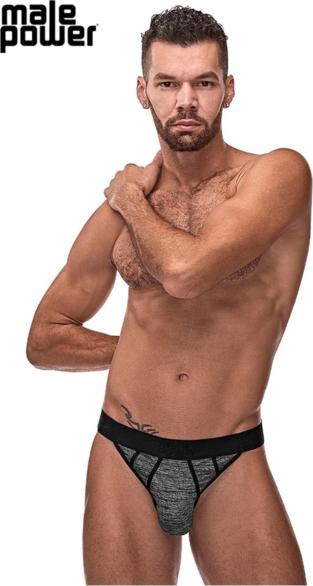 Male Power Sport Jock - Erotisch Heren Ondergoed - Grijs + Zwart - S/m