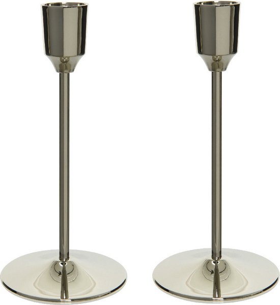 Set van 2x stuks luxe diner kaarsen staande kandelaar aluminium kleur zilver 20 cm - Diameter onderkant 7 cm