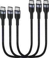 3x USB C-naar-C-kabel 30 CM - Korte USB Type C - Nylon Gevlochten - USB C Oplaadkabel - Voor S24, S23, S22, S21, S20, Note 20/10 Ultra USB-C Power Bank