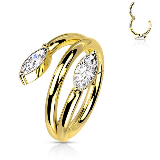 Gouden clickerring met dubbele spiraalvorm, versierd met twee witte marquise geslepen kristallen.