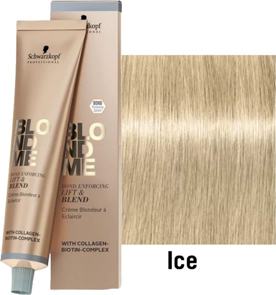 Schwarzkopf Blond Me Lift & Blend crème 'Ice' met een lichtblonde haarkleurstaal. Bevat Bond Protection System.