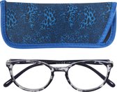 Lilly&June Leesbril Transparant Havana met Blauwe Pootjes +2.5 - Met Bijpassend Etui