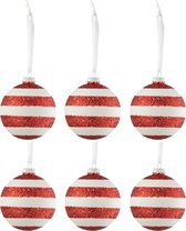 J-Line Doos Van 6 Kerstballen Strepen Glitter Glas Wit/Rd Small