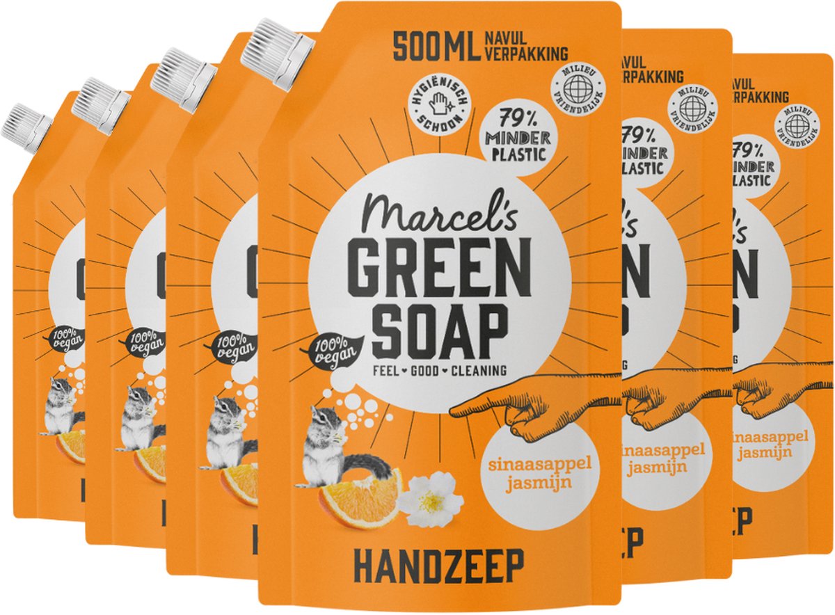 Marcel's Green Soap Handzeep Sinaasappel & Jasmijn navulling - 6 x 500 ml