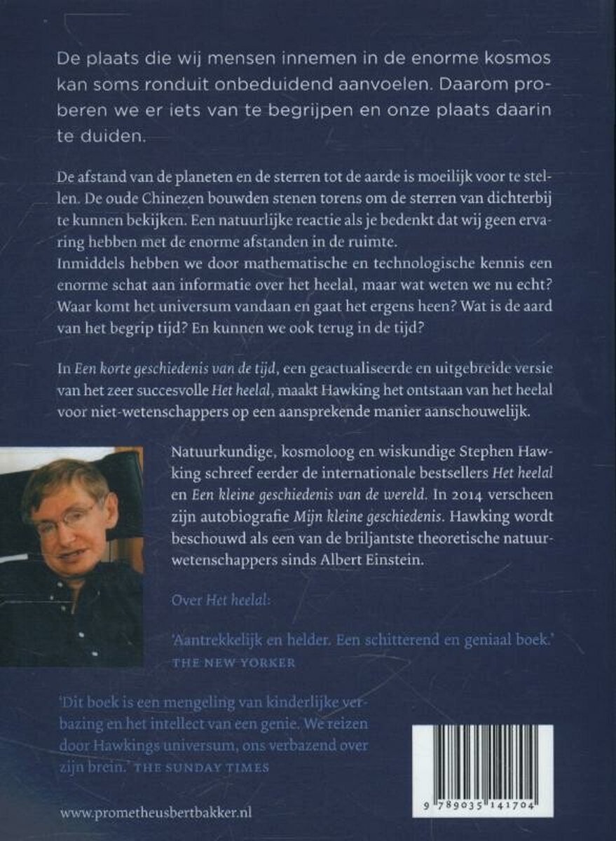 Achterkant van een boek met een foto van Stephen Hawking en tekst over zijn werk.