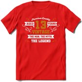 13 Jaar Legend T-Shirt | Goud - Wit | Grappig Verjaardag en Feest Cadeau Shirt | Dames - Heren - Unisex | Tshirt Kleding Kado | - Rood - S