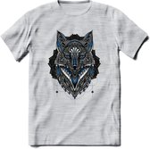 Vos - Dieren Mandala T-Shirt | Blauw | Grappig Verjaardag Zentangle Dierenkop Cadeau Shirt | Dames - Heren - Unisex | Wildlife Tshirt Kleding Kado | - Licht Grijs - Gemaleerd - XXL