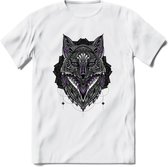 Vos - Dieren Mandala T-Shirt | Paars | Grappig Verjaardag Zentangle Dierenkop Cadeau Shirt | Dames - Heren - Unisex | Wildlife Tshirt Kleding Kado | - Wit - XL