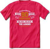 90 Jaar Legend T-Shirt | Goud - Wit | Grappig Verjaardag en Feest Cadeau Shirt | Dames - Heren - Unisex | Tshirt Kleding Kado | - Roze - XL