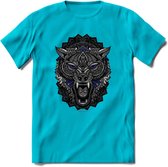 Wolf - Dieren Mandala T-Shirt | Donkerblauw | Grappig Verjaardag Zentangle Dierenkop Cadeau Shirt | Dames - Heren - Unisex | Wildlife Tshirt Kleding Kado | - Blauw - S