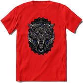 Wolf - Dieren Mandala T-Shirt | Donkerblauw | Grappig Verjaardag Zentangle Dierenkop Cadeau Shirt | Dames - Heren - Unisex | Wildlife Tshirt Kleding Kado | - Rood - L
