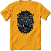 Wolf - Dieren Mandala T-Shirt | Blauw | Grappig Verjaardag Zentangle Dierenkop Cadeau Shirt | Dames - Heren - Unisex | Wildlife Tshirt Kleding Kado | - Geel - XXL