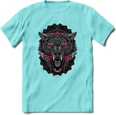 Wolf - Dieren Mandala T-Shirt | Roze | Grappig Verjaardag Zentangle Dierenkop Cadeau Shirt | Dames - Heren - Unisex | Wildlife Tshirt Kleding Kado | - Licht Blauw - XXL
