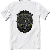 Wolf - Dieren Mandala T-Shirt | Groen | Grappig Verjaardag Zentangle Dierenkop Cadeau Shirt | Dames - Heren - Unisex | Wildlife Tshirt Kleding Kado | - Wit - XXL