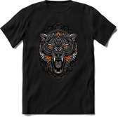 Wolf - Dieren Mandala T-Shirt | Oranje | Grappig Verjaardag Zentangle Dierenkop Cadeau Shirt | Dames - Heren - Unisex | Wildlife Tshirt Kleding Kado | - Zwart - S