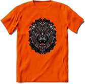 Leeuw - Dieren Mandala T-Shirt | Rood | Grappig Verjaardag Zentangle Dierenkop Cadeau Shirt | Dames - Heren - Unisex | Wildlife Tshirt Kleding Kado | - Oranje - XXL