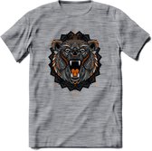 Beer - Dieren Mandala T-Shirt | Oranje | Grappig Verjaardag Zentangle Dierenkop Cadeau Shirt | Dames - Heren - Unisex | Wildlife Tshirt Kleding Kado | - Donker Grijs - Gemaleerd -