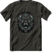 Leeuw - Dieren Mandala T-Shirt | Aqua | Grappig Verjaardag Zentangle Dierenkop Cadeau Shirt | Dames - Heren - Unisex | Wildlife Tshirt Kleding Kado | - Donker Grijs - XL