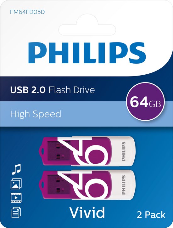 Philips FM64FD05D lecteur USB flash 64 Go USB Type-A 2.0 Violet, Blanc