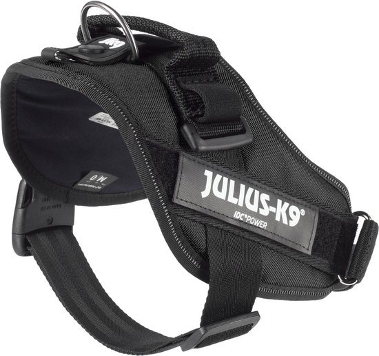 Zwart Julius-K9 IDC Power tuig voor honden, met handvat en gesp.