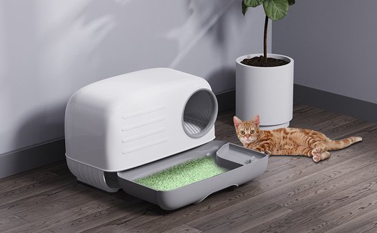 PawHut Kattentoilet, kattenbak met deksel, schep, strooismat, uittrekbaar dienblad, XXL voor grote katten, 43 x 44 x 47 cm, grijs