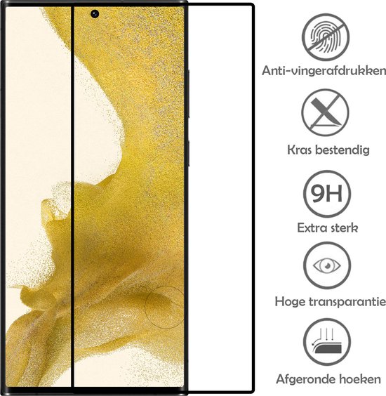 Schermprotector met 'Anti-vingerafdrukken', 'Kras bestendig', '9H Extra sterk', 'Hoge transparantie' en 'Afgeronde hoeken' symbolen.