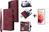 Luxe Telefoonhoesje voor Samsung Galaxy S22 Ultra | Hoogwaardig Leren Bookcase | Lederen Wallet Case | Luxe Uitstraling | Pasjeshouder 6 pasjes | Portemonnee | Rits | Rood + 1x Screenprotecto