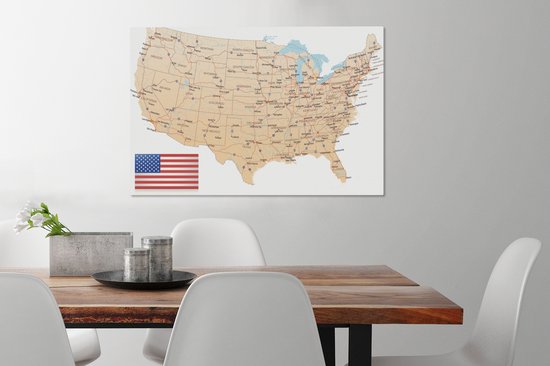 Tableau Peinture sur Toile Carte Détaillée de l' Amérique - 90x60 cm - Décoration murale