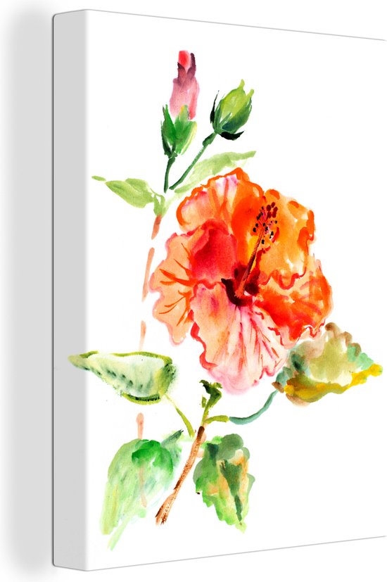 Canvas Schilderij Waterverf schilderij hibiscus - 30x40 cm - Wanddecoratie