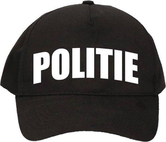 Zwarte pet met de tekst 'POLITIE' in witte letters.