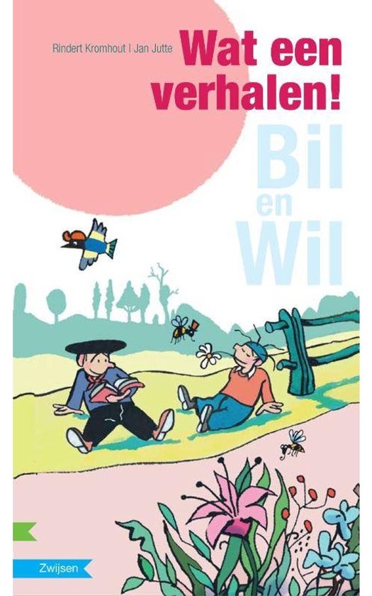 Page de couverture du livre 'Maan roos vis'. Deux garçons, Bil et Wil, sont assis sur une clôture.