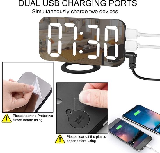 Digitale spiegelwekker die 07:30 aangeeft, met twee USB-poorten aan de zijkant. Instructies voor het verwijderen van beschermfolie.