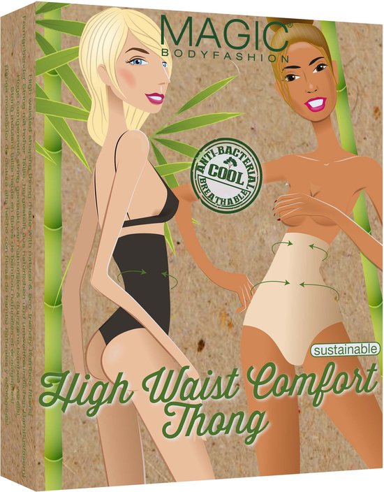Doos met MAGIC Bodyfashion High Waist Comfort Thong en afbeeldingen van modellen.