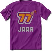 77 Jaar Feest T-Shirt | Goud - Zilver | Grappig Verjaardag Cadeau Shirt | Dames - Heren - Unisex | Tshirt Kleding Kado | - Paars - XL