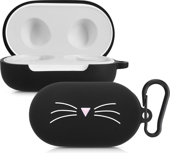 kwmobile Hoes geschikt voor Samsung Galaxy Buds / Buds Plus - Siliconen cover voor oordopjes in zwart / wit - Kat design