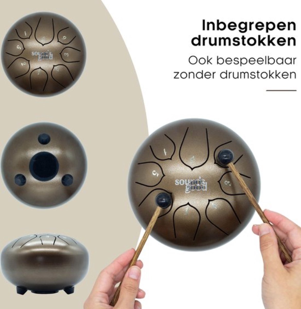 SoundsGood® Steel Tongue Drum - Handpan - 17 cm - 8 Tongen - Klankschaal incl. Beschermtas & Songbook - Steel Tongue Drum - Bruin