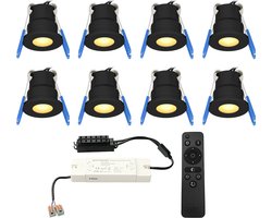 HOFTRONIC Milano - 8x Zwarte LED Inbouwspots - Traploos dimbaar met RF-afstandsbediening - Zwart - IP65 Waterdicht - 2700K Extra warm wit - 3W CREE LEDs 12V - Verandaverlichting - Plafondspotjes badkamer - Voor Veranda, Carport en Badkamer
