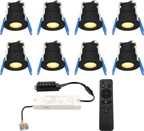 HOFTRONIC Milano - 8x Zwarte LED Inbouwspots - Traploos dimbaar met RF-afstandsbediening - Zwart - IP65 Waterdicht - 2700K Extra warm wit - 3W CREE LEDs 12V - Verandaverlichting - Plafondspotjes badkamer - Voor Veranda, Carport en Badkamer
