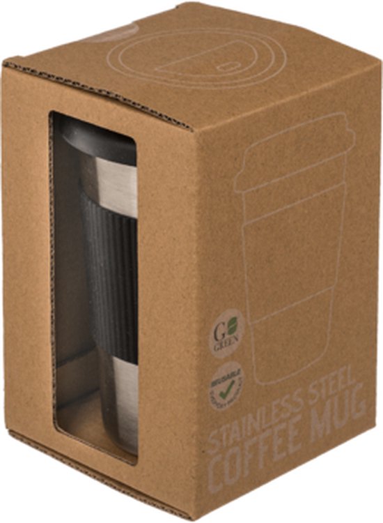 RVS Koffiebeker Met Siliconen band - Koffiemok - Cappucinobeker herbruikbaar - Koffie thee mok met deksel - Drinkbeker duurzaam 500 ml - Zilver
