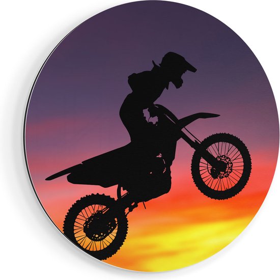 Artaza Dibond Muurcirkel Silhouet Van Een Motorcross In De Lucht  - Ø 60 cm - Wandcirkel - Rond Schilderij - Voor Binnen en Buiten