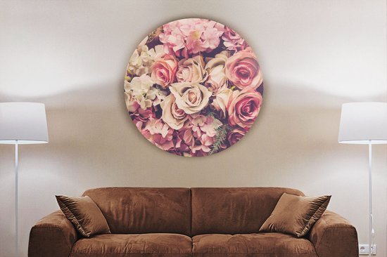 Cercle Mural Artaza Dibond - Fond Roses Roses - Rétro - Fleurs - Ø 80 cm - Groot - Cercle Mural - Tableau Rond - Pour Intérieur et Extérieur