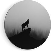 Artaza Dibond Muurcirkel Silhouet Van Een Huilende Wolf - Abstract - Ø 80 cm - Groot - Wandcirkel - Rond Schilderij - Voor Binnen en Buiten
