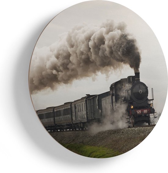 Artaza Houten Muurcirkel - Locomotief Trein met Rook Wolken - Ø 90 cm - Groot - Multiplex Wandcirkel - Rond Schilderij