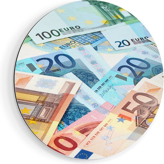 Artaza Dibond Muurcirkel Euro Geld Biljetten - Briefjes - Ø 50 cm - Klein - Wandcirkel - Rond Schilderij - Voor Binnen en Buiten