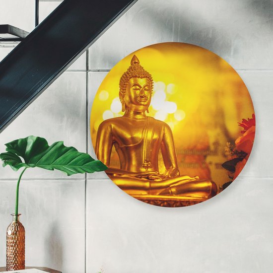 Artaza Dibond Wall Circle - Statue Bouddha Doré - Ø 50 cm - Klein - Wall Circle - Tableau Rond - Pour Intérieur et Extérieur