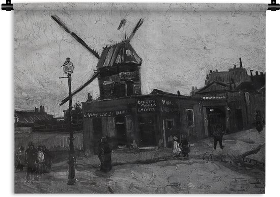 Wandkleed - Wanddoek - Le Moulin de la Galette - Vincent van Gogh - Zwart - Wit - 60x45 cm - Wandtapijt