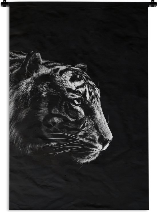 Wandkleed - Wanddoek - Kop van een tijger op een zwarte achtergrond - zwart wit - 60x90 cm - Wandtapijt