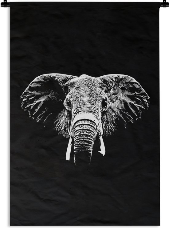 Wandkleed - Wanddoek - Olifant met abstracte elementen tegen zwarte achtergrond - zwart wit - 90x135 cm - Wandtapijt